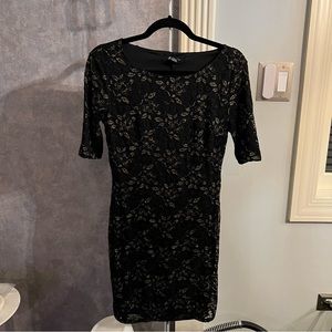 Forever 21 XX1 Black Bodycon Mini Dress Gold Lace M Medium Short Sexy Stretch